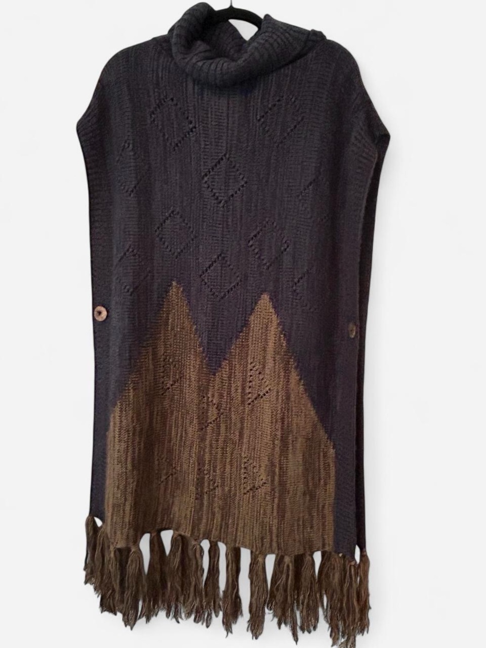 Turtleneck Fringe Poncho in Black and Brown